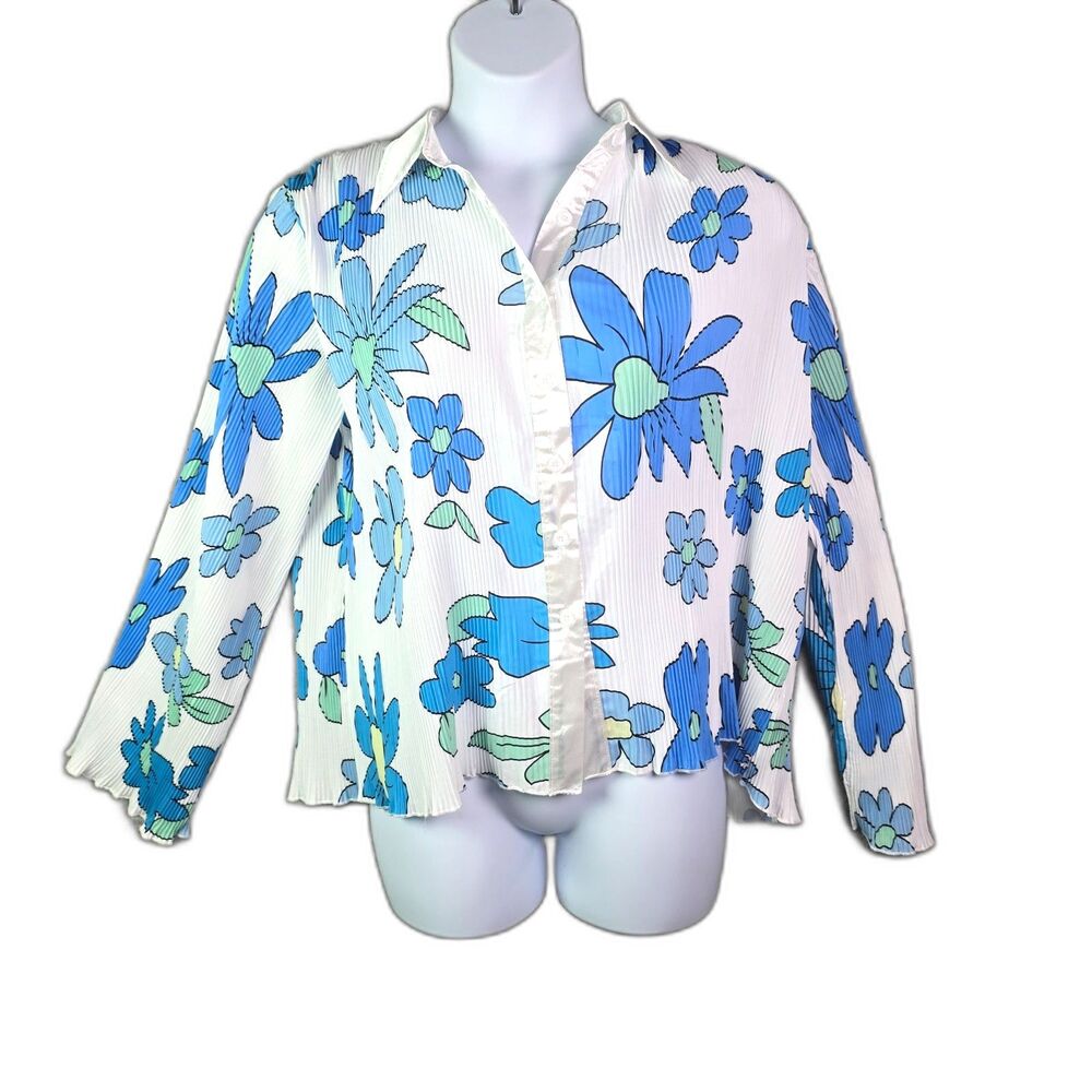 Floral Crinkle Pleated Button Up Blouse Blue Green 3X Textured Spring Statement
